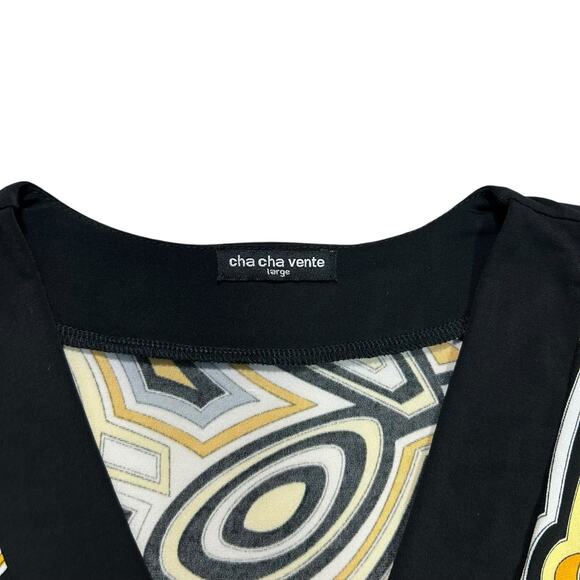 Y2k Geometric babydoll Shirt Top Sz L deep V Neck Yellow Retro Mod 70s indie - Picture 7 of 9